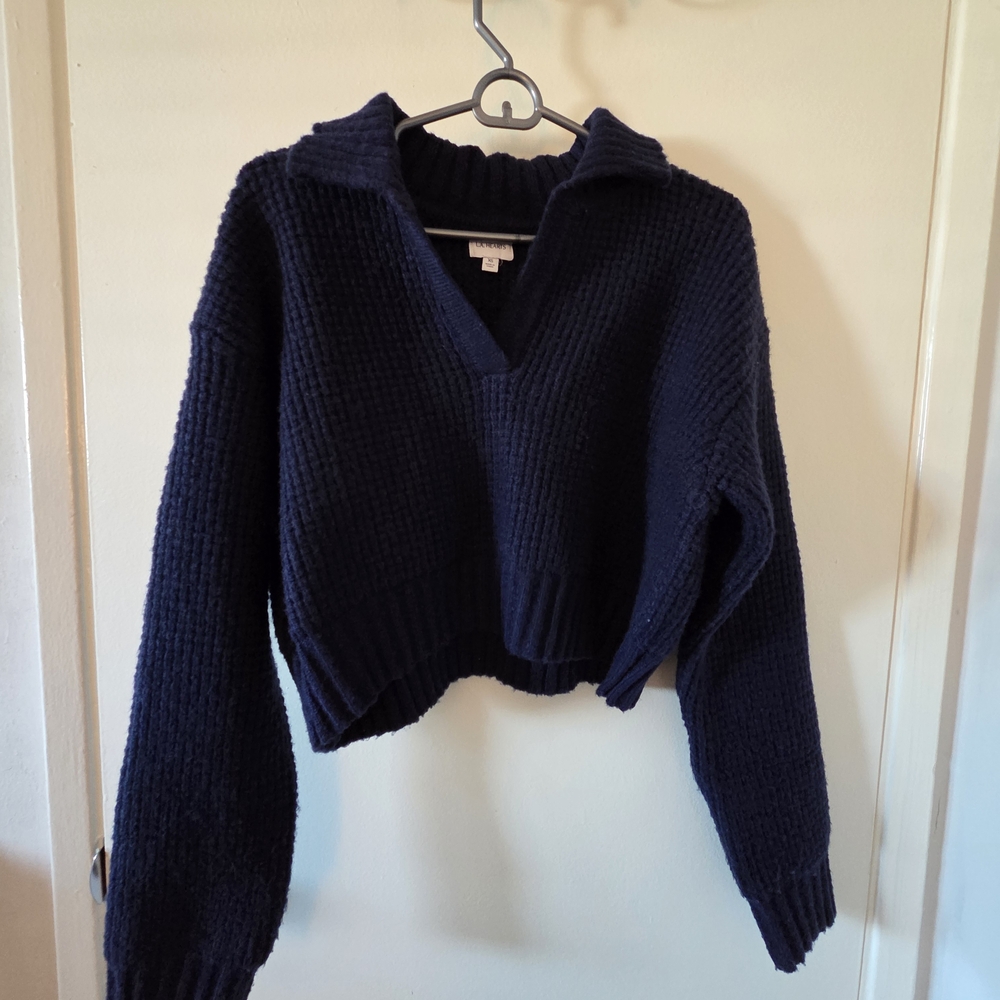La Hearts Navy Collared V-Neck Chunky Knit Sweater
